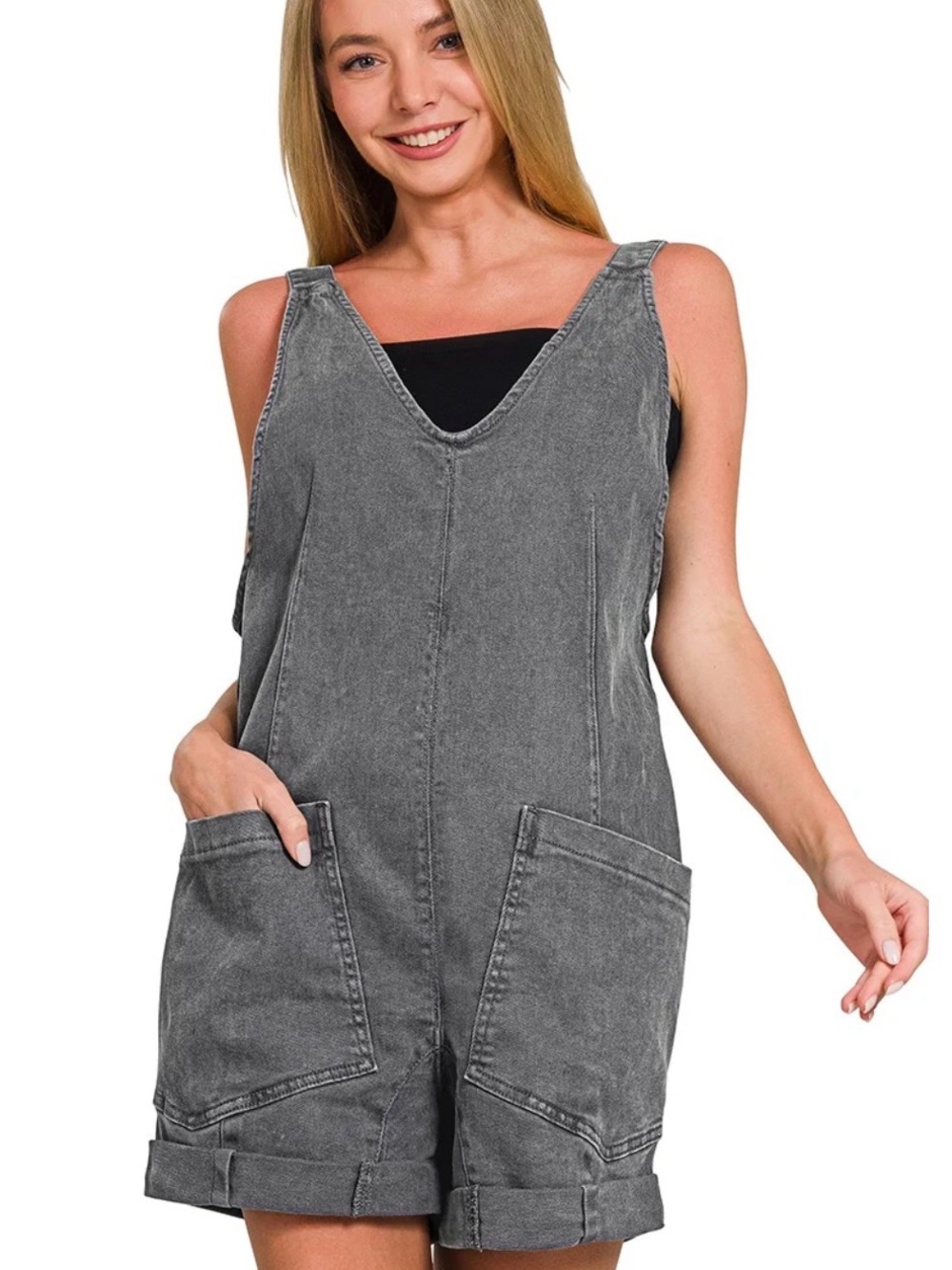 Zenana Washed Gray Denim Short Overalls
